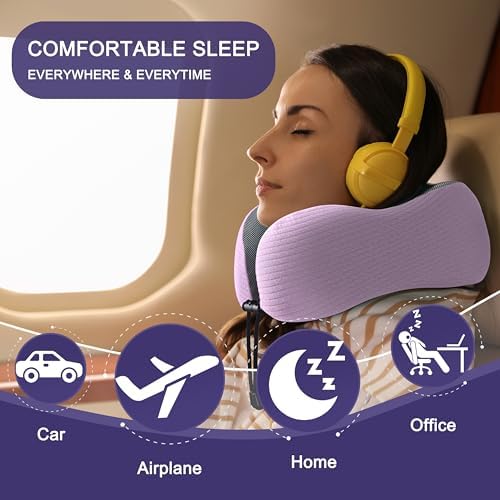 napfun Neck Pillow for Travel, Memory Foam Airplane Pillow, Light Purple