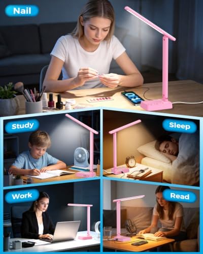 LED Desk Lamp with Power Strip, 3 AC Outlets, 4 USB Ports, Stepless Dimming