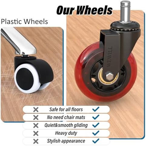 WEWILL Office Chair Wheels - Rubber Casters Replacement Universal Fit 98% Chair(Set of 5) Heavy Duty 3 Inch Smoothly & Quietly Safe for All Floor, Hardwood, Tile, Carpet, Noise Free - Red
