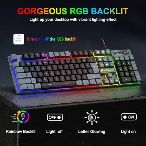 BlueFinger RGB Gaming Keyboard and Backlit Mouse Combo, USB Wired, LED Gaming Set for Laptop PC Computer Game and Work(Gray & Black)