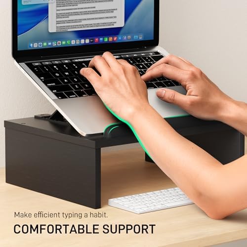 AFOOYO Adjustable Wood Laptop Stand with Storage Space - Notebook Organizer & Ergonomic Computer Riser, Wrist Rest Included, Compatible with 9.8-15'' Laptops (MacBook Air Pro/HP/Dell/Lenovo),Black