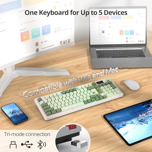 Fogruaden 96% Wireless Green Keyboard with Number Pad and Knob, Mechanical Feel, RGB Quiet Matcha Membrane Gaming Keyboard, Spill-Resistant, 3-Modes USB Rechargeable Silent Creamy Keyboard for Win/Mac