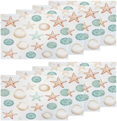 Shrahala Sea Creatures Set of 8 12 X 18 Inch Linen Placemats, Seaside Pattern Burlap Table Mat Washable Double Layered Heat Insulation for Indoor/Outdoor