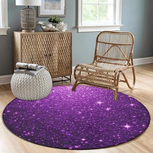 Large Round Area Rug Home Decor Modern Bathroom Rug Kitchen Office Circle Rug for Living Room Sofa Circle Cute Mat Beautiful Dark Purple Shining Glitter Sparkles Pattern