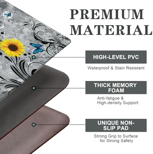 Likiyol Sunflower Kitchen Rugs Sets of 2 Kitchen Mats for Floor Anti Fatigue Mats for Kitchen Floor, Spring Kitchen Rugs Non Slip was Washable, Floral Standing Floor Mats, 18''x30''+18''x48'' (Gray)