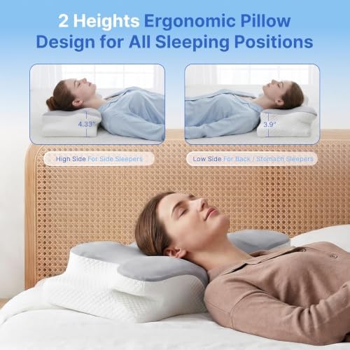 Cervical Pillow for Neck Pain Relief, Orthopedic Memory Foam Pillow with Cooling Cover, Contour Ergonomic Support for Side Back Stomach Sleepers (Grey)