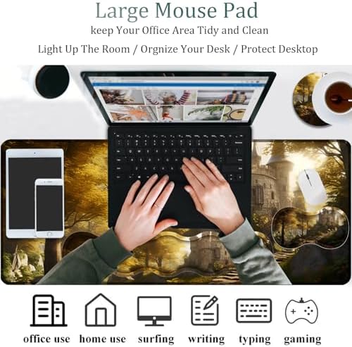 Mouse Pad Combo, Large Gaming Mouse Pad + Keyboard Wrist Support + Mouse Wrist Rest + Coaster, Table Pad 31.5 "x 11.8" with Memory Foam Ergonomic Wrist Pad Set, Fairytale Castle