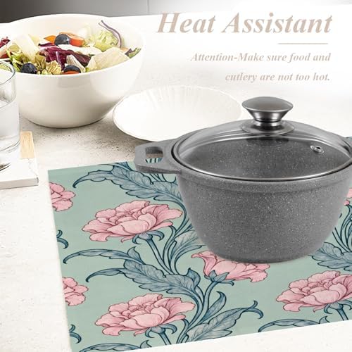 Shrahala Bloom Floral Garden Set of 6 12 X 18 Inch Linen Placemats, Flourish Ornamental Blossom Rose Burlap Table Mat Washable Double Layered Heat Insulation for Indoor/Outdoor