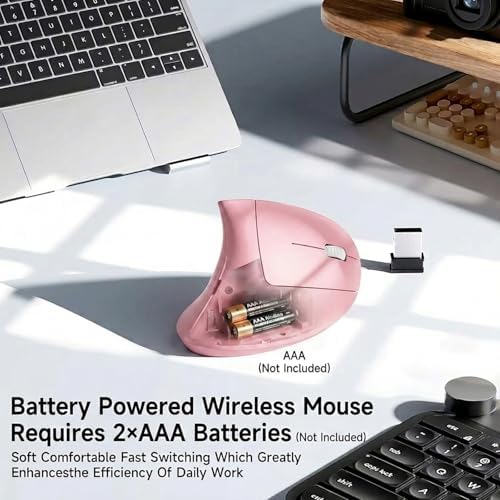 Ergonomic Vertical Wireless Mouse, 2.4G Optical Mouse with USB Receiver, 800-1600 DPI, Silent Click, Battery Powered, 5 Buttons, Stylish Comfortable Mouse for Laptop, PC, Mac, Computer (Pink)