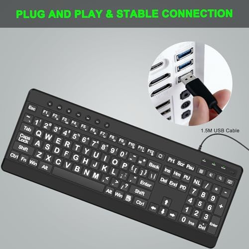 EDJO Large Print Ergonomic Keyboard, Full Size Keyboard with Wrist Rest, Silent Wired USB Computer Keyboards with Oversized Letter Keys Easy to See and Type for Laptop, PC, Windows, Desktop