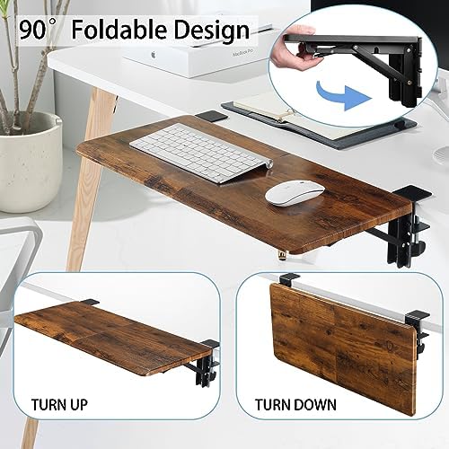 ETHU Foldable Desk Extender Tray with Clamp, 25.6x11.4", Walnut