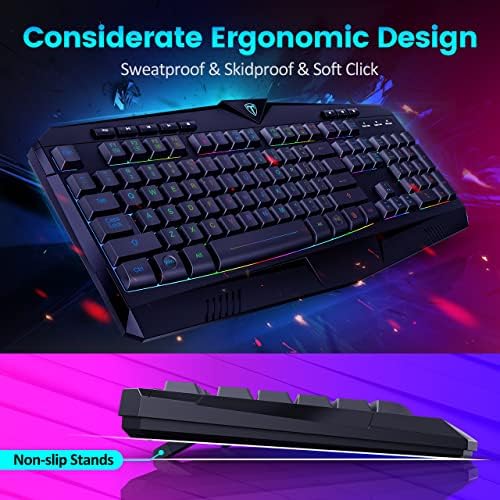 Gaming Keyboard, Full Size RGB Backlit Quiet Computer Keyboard, Wrist Rest, Silent Keys, Multimedia Keys, Anti-ghosting, Waterproof Light Up USB Wired Keyboard for PC Mac Xbox Gamer Office
