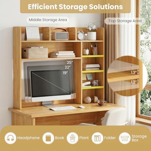 Tangkula Desktop Bookshelf with LED Lights, Desk Hutch with 8 Shelves for Max 25" Monitor, Desktop 5-Tier Display Rack, Wood Desktop Storage Hutch Organizer for Dorm Office Home, Burlywood