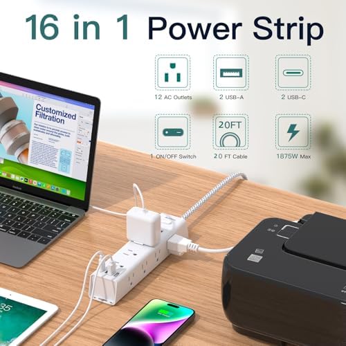 20FT Long Extension Cord, Power Strip with 12 AC Multiple Outlets & 4 USB