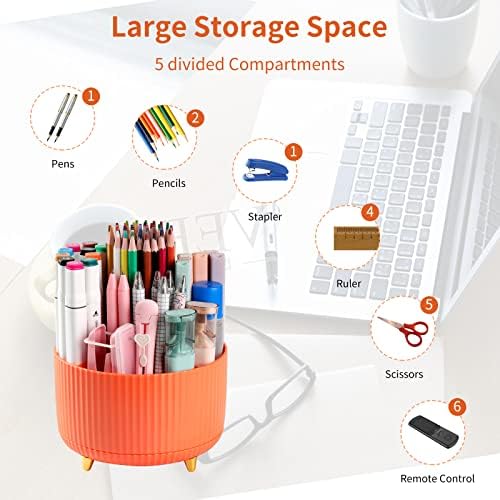 Desk Pencil Pen Holder, 5 Slots 360°Degree Rotating Pen Organizers for Desk, Desktop Storage Stationery Supplies Organizer, Cute Pencil Cup Pot for Office, School, Home, Art Supply, Orange