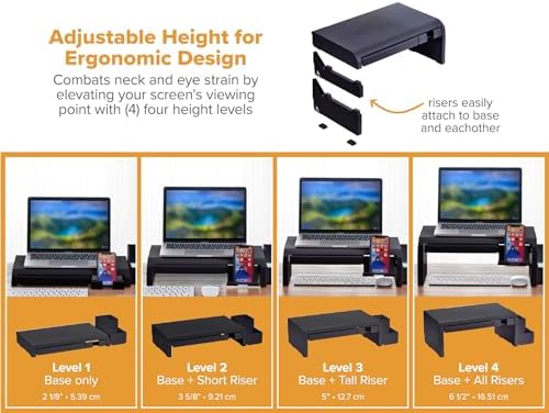 Bostitch Konnect Adjustable Monitor Riser with Drawer, Cell Phone Stand & Pencil Holder, Laptop Stand for Desk, 4 Height Levels, Cable Management & Rubber Feet