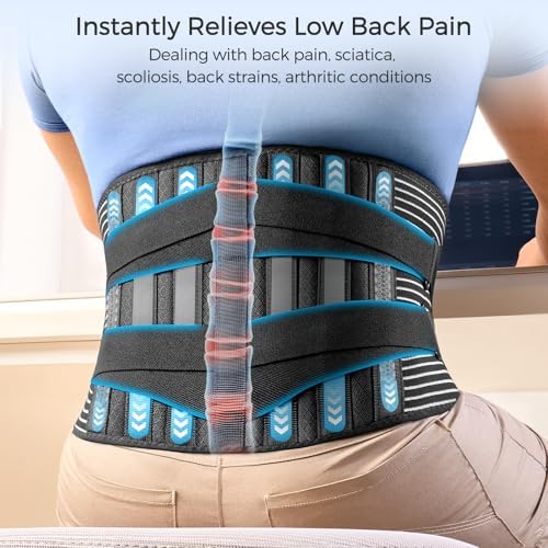 FREETOO Back Braces for Lower Back Pain Relief with 6 Stays, Breathable Back Support Belt for Men/Women for work, Anti-skid lumbar support belt with 16-hole Mesh for sciatica(M) (Pack of 2)