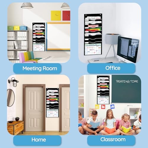 ALSLEA Hanging File Organizer 8 Pockets 15¾”W Legal/ Letter Size Paper Organizer, Pocket Chart for Classroom , Mail Organizer Wall Mounted, Over the Door Organizer with 12 Nameplate, 5 Hooks (Black)