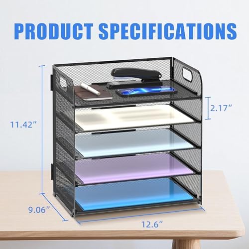 Supeasy 2 Pack 5-Tier Desk Organizer with Handle Mesh Desk File/Paper Organizer Letter Tray for Office, School, Classroom and Home Easy Installation, Black