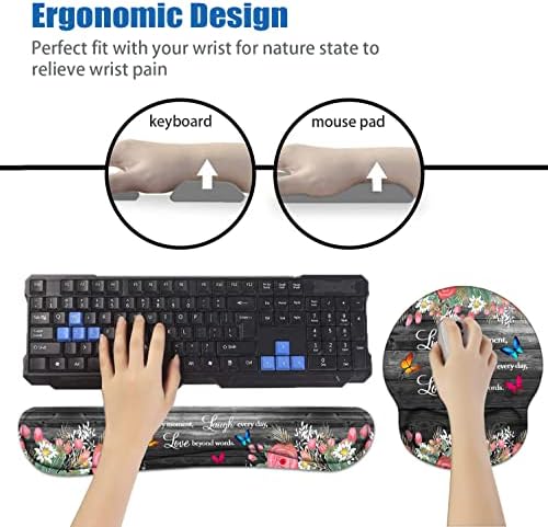 Keyboard Wrist Rest and Mouse Pad Wrist Support Set with Coasters, Ergonomic Gaming Mousepad Non-Slip PU Base for Home Office Working Studying Easy Typing & Pain Relief, Floral Quote Live Laugh Love