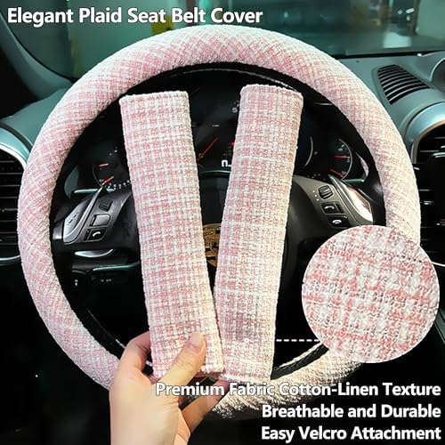 Car Seat Neck Pillow Elegant Bow Car Headrest Pillow Set - Cotton Linen Neck Cushion Universal Fit for Women Comes with 2 Seat Belt Covers (Pink Set 4Pcs)