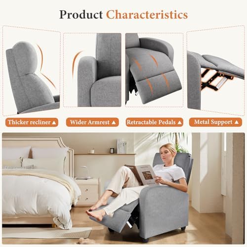 Sweetcrispy Recliner Chair Fabric Recliner Sofa No Massage, Home Theater Seating with Lumbar Support, Adjustable Push Back Overstuffed High-Density Sponge Reclining for Living Room, Slate Gray