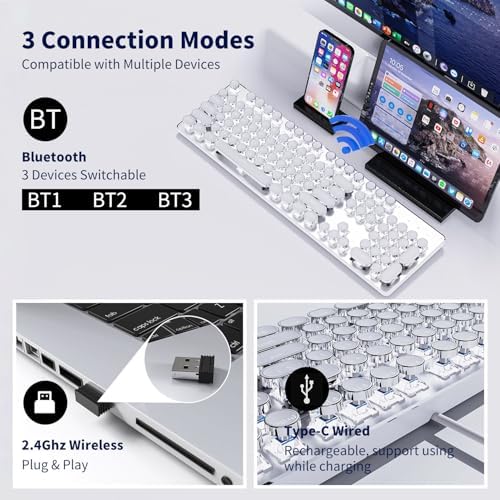 Wireless Typewriter Style Mechanical Keyboard with White Backlit, White