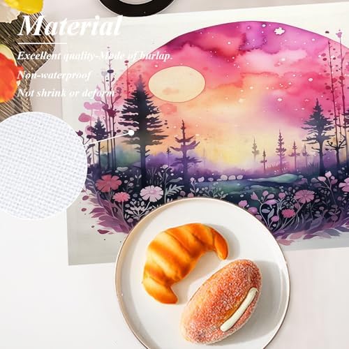 Shrahala Forest Moon Flowers Set of 4 12 X 18 Inch Linen Placemats, A Magical Forest Scene Burlap Table Mat Washable Double Layered Heat Insulation for Indoor/Outdoor