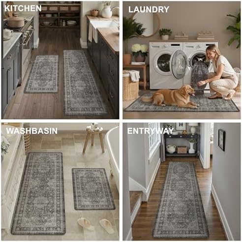 Anti Fatigue Black Grey Vintage Non-Slip Kitchen Mat 2 Piece