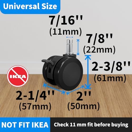 MySit 11x22mm Office Chair Caster with Brake for Hardwood Floors Set of 5