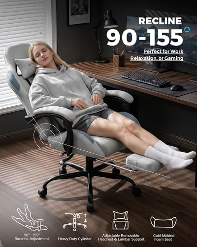 GTPLAYER Gaming Chair Fabric with Pocket Spring Cushion,Computer Office Chair with Lumbar Support for Adults Linkage Armrests and Footrest Ergonomic Gamings Chairs Height Adjustable LightGray