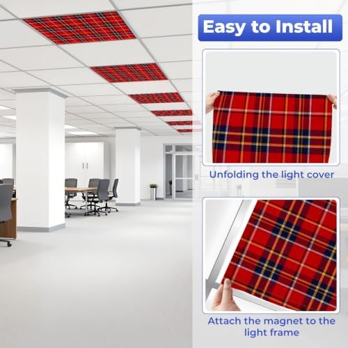 6 Pcs Fluorescent Light Covers for Ceiling Lights check plaid blue red yellow Magnetic Light Filters Decorative for Classroom Office Hospital Home 4x2 Ft