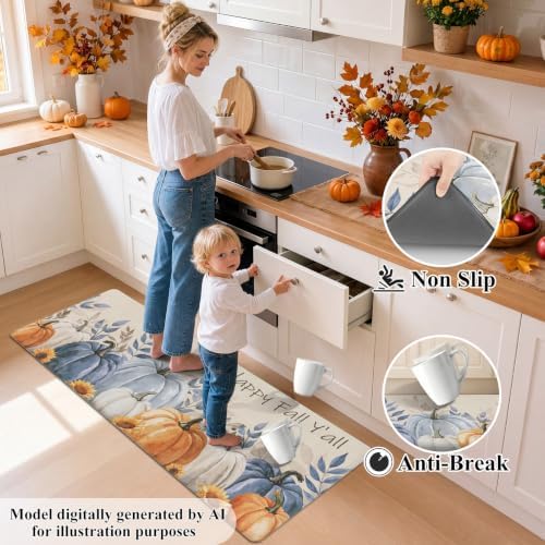 HEBE Fall Kitchen Rug Set of 2, Anti Fatigue Pumpkin Kitchen Mats for Floor