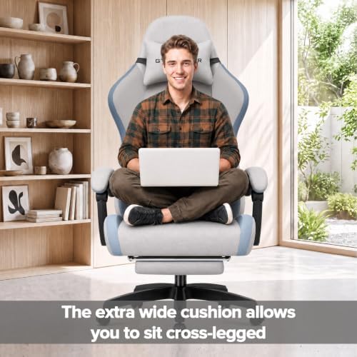 GTPLAYER Gaming Chair Fabric with Pocket Spring Cushion, Big and Tall Gamings Chairs 350LBS High Back Computer Chair with Footrest for Adults Lumbar Support Swivel Game Chair for Office Gray