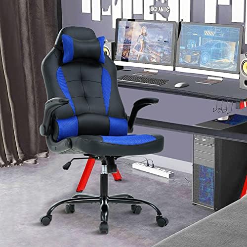 Blue Gaming Chair, PU Leather Gaming Chairs for Adults, Comfy Office Chair Ergonomic Desk Chair Computer Chair with Flip Up Arms, Swivel Reclining Gamer Chair, Height & Backrest Adjustable, 300 Lbs
