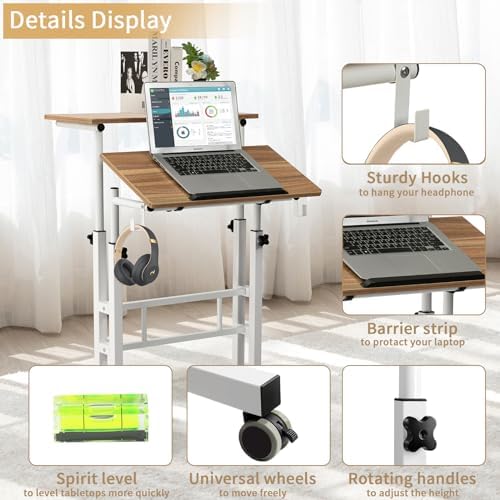 SIDUCAL Small Standing Desk, Portable Stand Up Desk, Height Adjustable Mobile Standing Table Converter with Wheels Computer Workstations, Rolling Laptop Cart for Stand or Sit, Vintage Oak