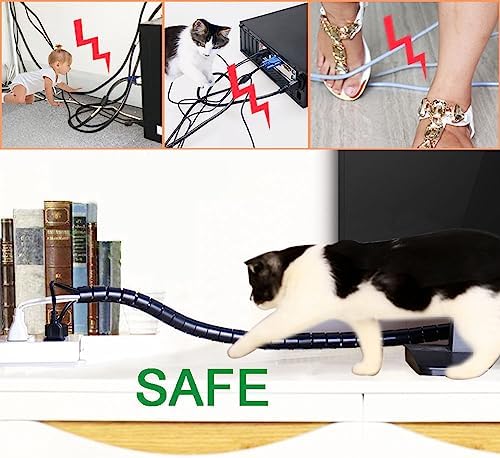 Large PC Cable Management Tube Sleeve Under Desk Wire Organizer for Cords 2 PCS Black, 1.1 inch -5 ft EZ Spiral Cable Wrap Cover Bundler w/Clips for TV Office, Pet Proof Cable Protector