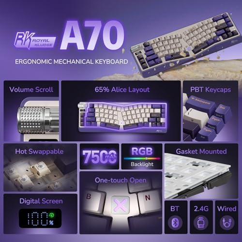 RK ROYAL KLUDGE A70 Wireless Ergonomic Keyboard, 65% Alice Split Mechanical Keyboard w/Bluetooth/2.4GHz/Wired, RGB Gaming Keyboards with Knob and Gasket Mount, Hot Swappable Pre-lubed Linear Switches
