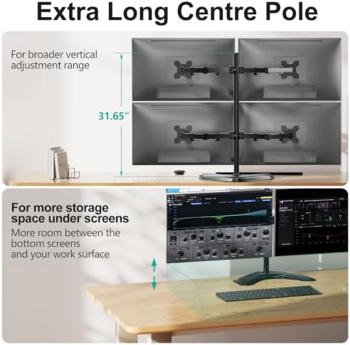 WALI 4 Monitor Stand for 13-27 inch Computer Screens up to 17.6lbs,Adjustable Quad Monitor Mount, Free Standing 4 Monitor Mount Full Motion with Tilt, Rotation, VESA Mount 75/100mm (MF004), Black