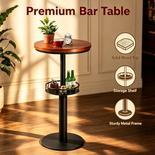 LOKKHAN 42" Tall Rustic Industrial Bar Table with Storage-19.68" Dia Round Wooden Top Metal Bar Height Adjustable Standing Pub Table-Dining Room Cocktail Bistro Table