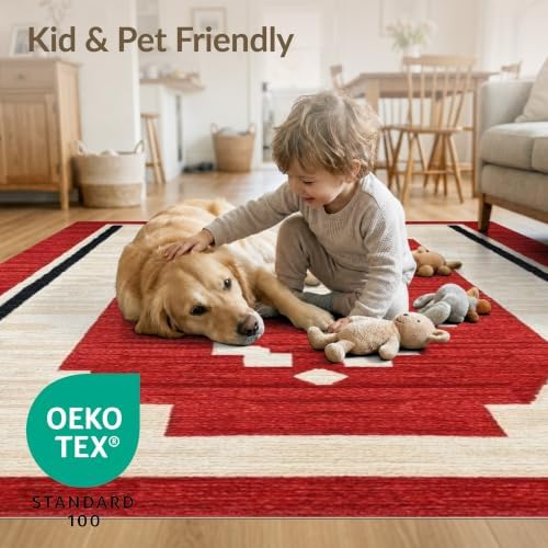 6'x9' Red Ivory Cat Crimson Boho Geometric Washable Area Rug