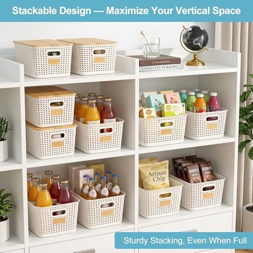 Bagnizer 2 Pack Tall Plastic Storage Bins with Bamboo Lids, 10.8qt Stackable Storages Baskets for Organizing Desktop Closet Playroom Classroom Office, 12"L x 8.3"W x 6.1"H, Cream White