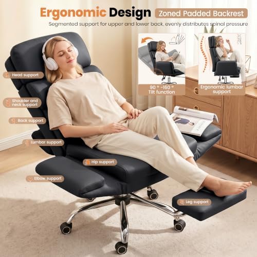 Big and Tall Leather Office Chair, Cross Legged Flip Arms, Black