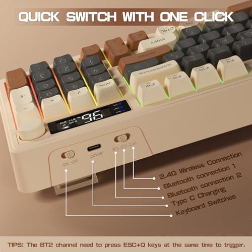 LexonElec M96 Wireless Gaming Keyboard,Knob Control Bluetooth/2.4G Wireless Mechanical Feeling Keyboard,RGB LED Backlit with Display Screen, PBT Keycap, 3000mAh, 94-Key Layout for Win/Mac(Coffee)