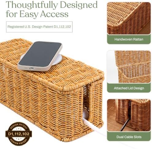 2PCS Cable Management Box Set, Handmade Rattan Cord Organizer