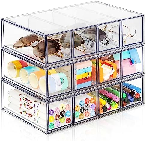 12-Drawer Desk Organizer, 3-Pack Stackable Desktop Storage Box
