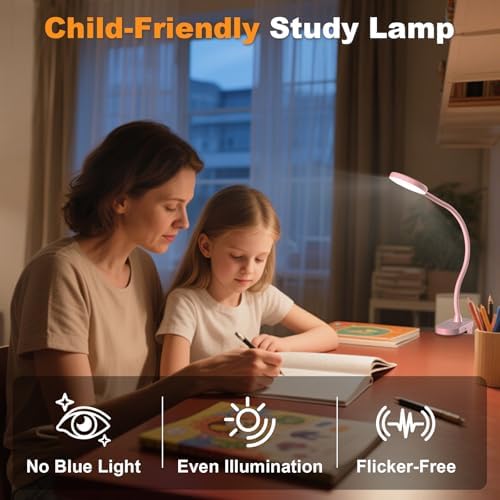 Rechargeable Clip on Bed Lamp, Cute LED Reading Lamp for Girls Dorm Room, Portable Book Light with Clamp on Bunk Bed Headboard, Bedside Table, Flexible Lamp with 3 Color & 10 Brightness (Pink/ 3.5'')