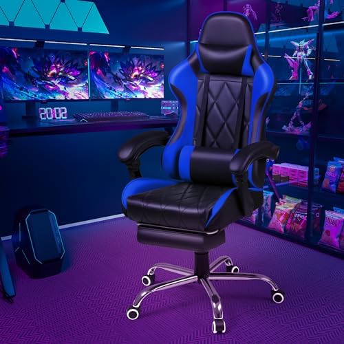 Shahoo Gaming Chair with Footrest and Massage Lumbar Support, Computer Game Chairs Ergonomic Office Seat Height Adjustable with Headrest, Blue