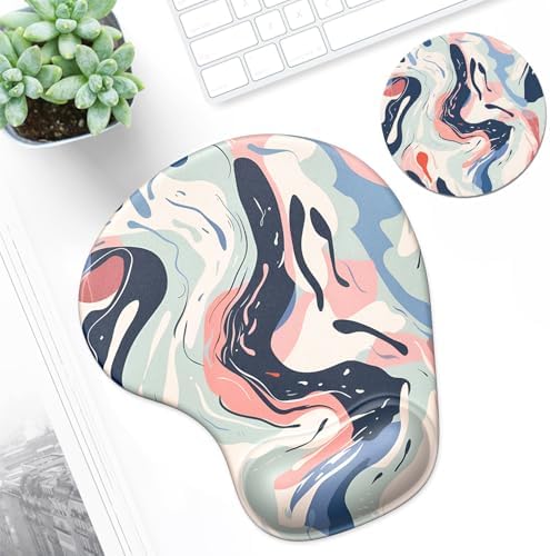 ITNRSIIET Ergonomic Mouse Pad Coaster Set with Gel Wrist Support Wrist Rest Smooth Surface Non-Slip PU Base Comfortable Office Supplies Pain Relief, 9.5 x 8.3 inches, Art Style Pattern