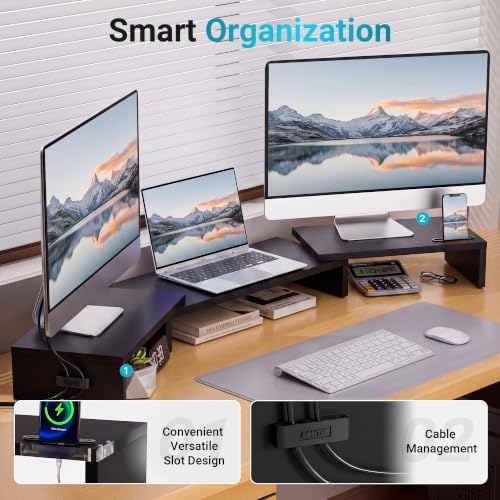 BONTEC Triple Monitor Stand Riser with Smartphone Holder, Black